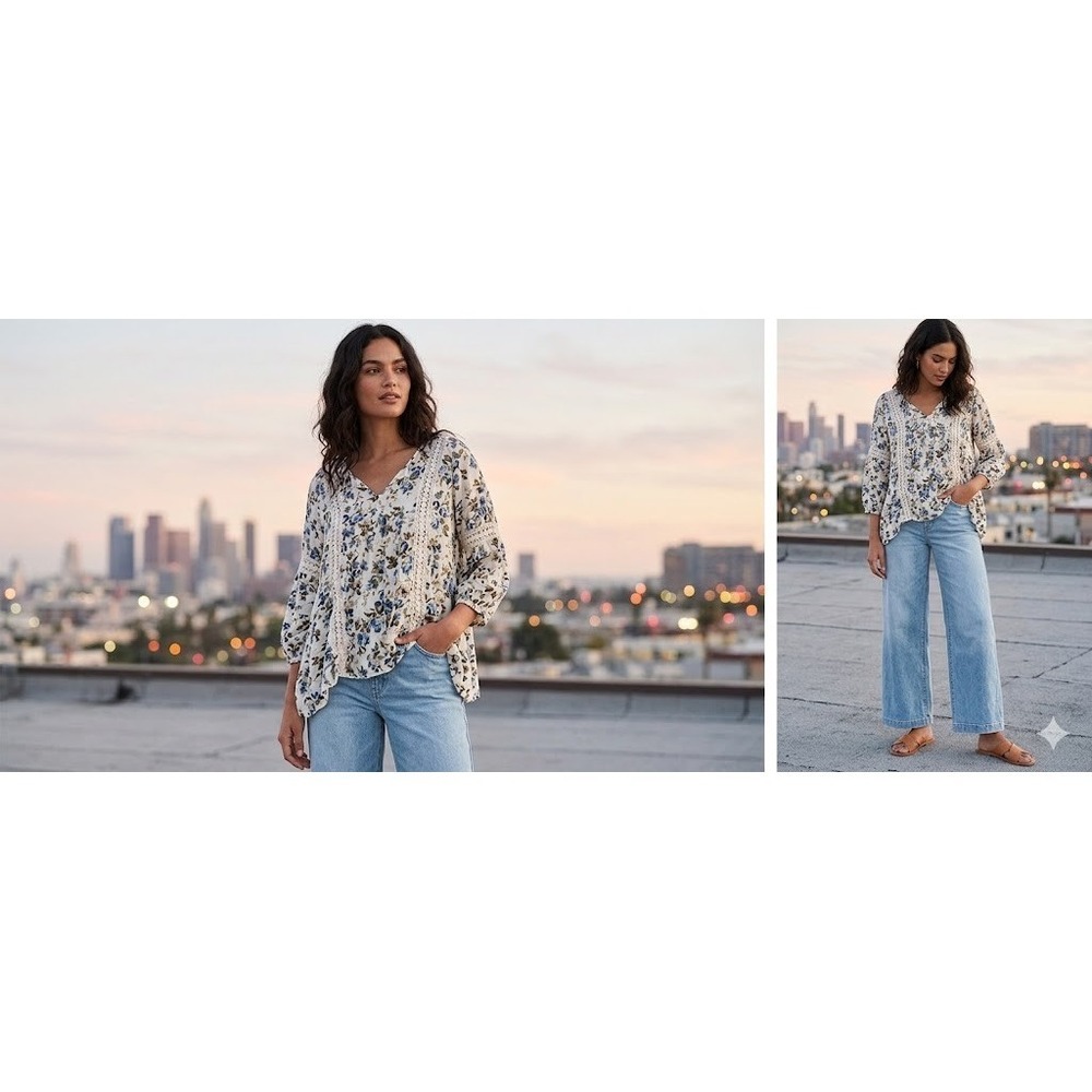 American Eagle Outfitters Top Womens L Multi Floral Crochet Long Sleeve Peasant